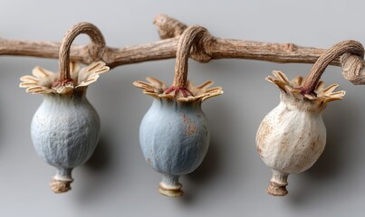 Three textured poppy seed pods hang on a branch showcasing botanical dryness and neutral tones for decorative design