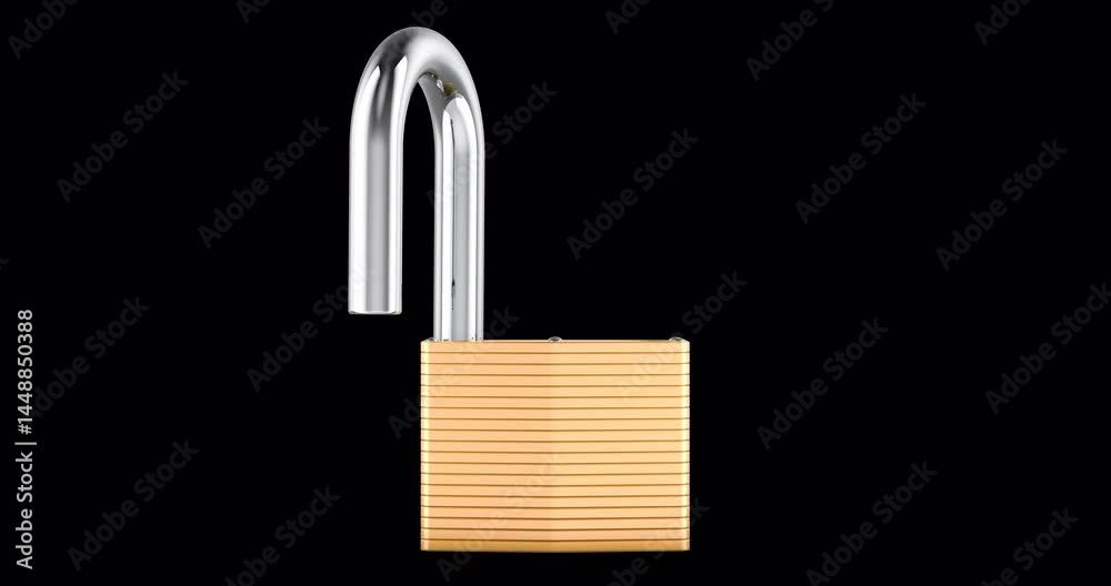 Poster golden padlock opens and closes, animation seamlessly loopable. 3d rendering isolated on transparent