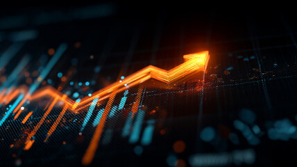 Orange arrow rises boldly across blue tech grid interface.