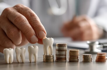 Dental Costs: Tooth Models and Coin Stacks Representing Investment in Dental Healthcare