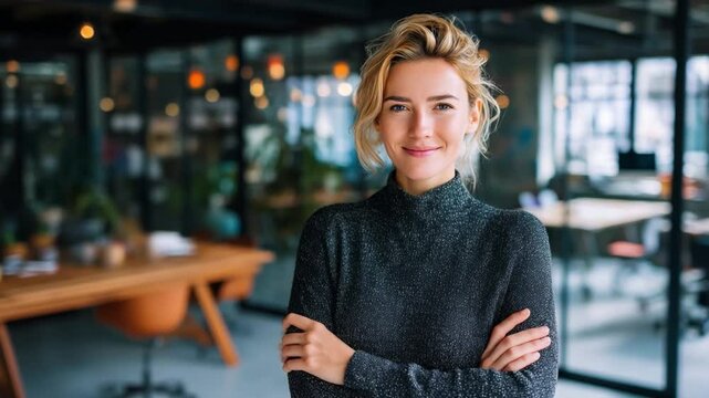 Confident Presence: A poised individual exudes professionalism with a serene, assured expression, embodying leadership and innovation within a contemporary workspace.