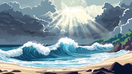 A wave crashing on a beach with a bright sun in the sky