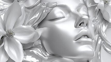 Woman and Flower Sculpture in Monochrome