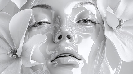 Woman and Flower Sculpture in Monochrome