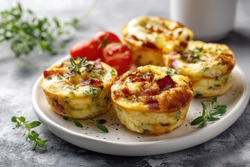 Bacon and cheese egg muffins with vegetables on a plate against a concrete backdrop Nutritious breakfast