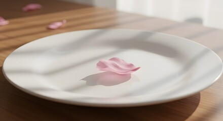 One fallen sakura petal on a white ceramic plate.