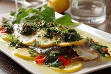 Baked brill fish accompanied by lemon slices and chopped greens
