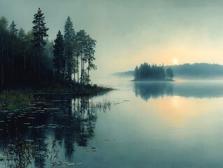 Misty lake sunrise with islands and reflections