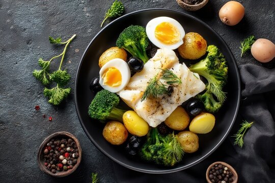 Baked cod with olive oil potatoes broccoli boiled egg and black olives Classic Portuguese dish Aerial view Text space available