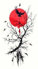 A minimalist design of a barren tree with crows, a red sun, and dreamcatcher elements