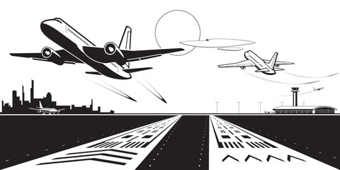 Passenger airplanes landing and taking off on airport – vector illustration