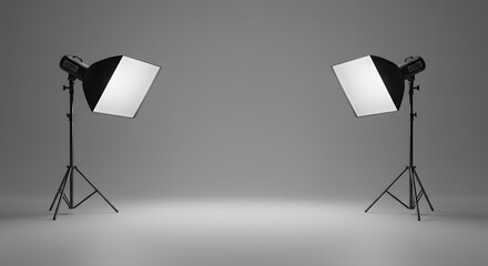 Studio Lighting Setup: Two Softbox Lights on Stands Against Gray Backdrop
