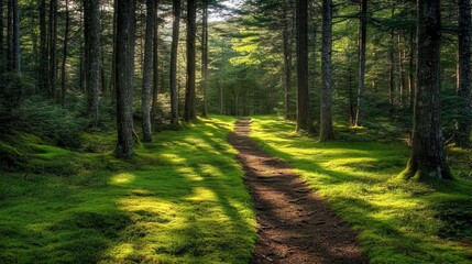 Fototapeta premium Sunlight filtering through a forest pathway.