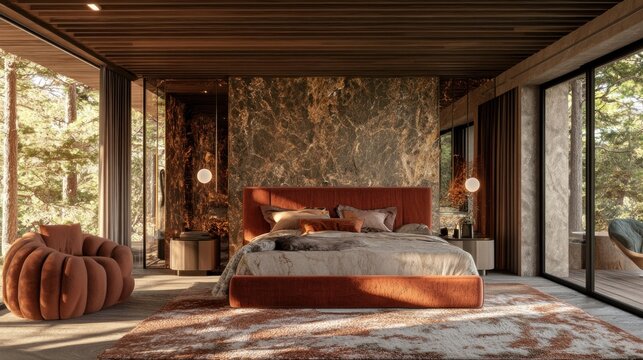 Modern bedroom interior design with a warm color palette.