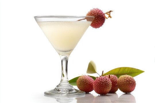 Chilled lychee martini on white backdrop
