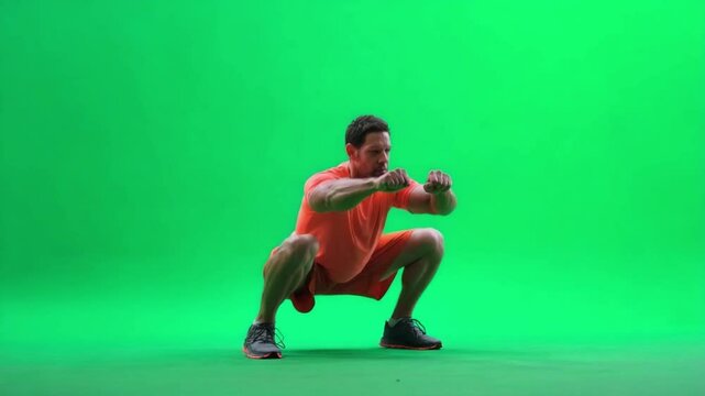 Bodyweight Squat Exercise: A determined athlete performs a bodyweight squat, showcasing perfect form, strength, and dedication against a vibrant, adaptable background.