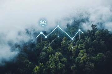 Misty forest with superimposed data trend, suggesting environmental impact analysis.  Data points connected with lines illustrate a growing trend over a dense, lush forest landscape