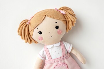 Fototapeta premium Cute Handmade Doll With Pigtails and Pink Outfit for Children