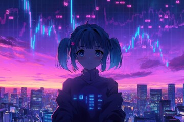 Fototapeta premium Anime girl gazing at a city skyline, overlaid with digital financial charts. Soft pink and purple sunset
