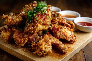 Fototapeta premium Crispy chicken with Korean mustard sauce seasoned duck and radish in soy garlic blend