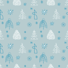 Christmas seamless pattern with christmas tree and snowflakes.Simple minimalistic background for web, pint, wallpaper, wrapping paper, textile, scrapbooking.