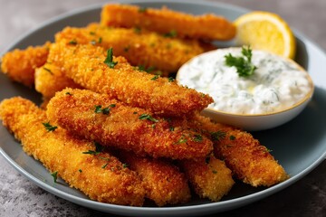 Fototapeta premium Crispy fish fingers served with tartar sauce on a plate