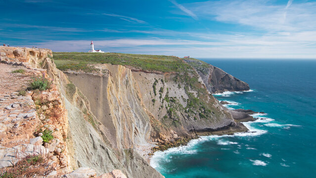 Lighthouse of Cape Espichel, view from the temple, Portugal timelapse