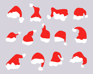 Collection of Santa Claus hats. Vector illustration. Original Christmas design. Set of Santa Claus hats. Red hats of Santa Claus on a light background