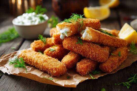 Crispy fish sticks on brown paper atop a wooden counter accompanied by tartare sauce with one piece split open