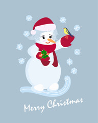 Snowman Christmas card. Merry Christmas. Vector cute snowman in a Santa Claus hat, scarf and mittens with a bird in his hand on a light blue background.