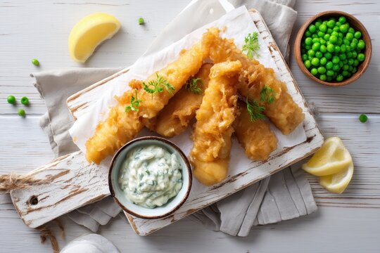 Crispy haddock mini fingers mashed peas tartar sauce on a white wooden platter