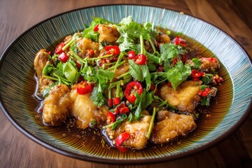 Fototapeta premium Crispy snapper belly in spicy garlic soy sauce Asian style