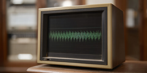 Vintage monitor displaying green waveform, placed on a wooden surface. Concept: Retro technology and audio visualization