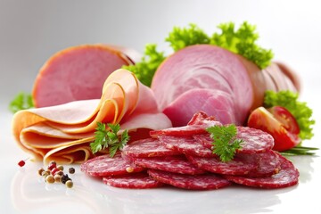 Deli meats including ham mortadella and salami on a white backdrop