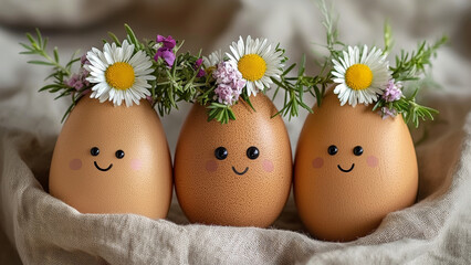 Happy Easter eggs with flowers and smiling faces. Holiday decoration concept.