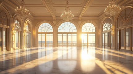 Grand, opulent ballroom bathed in golden sunlight.