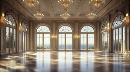 Fototapeta premium Spacious ballroom with grand windows and chandeliers.