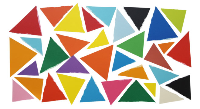 Scattered colorful triangles on black background