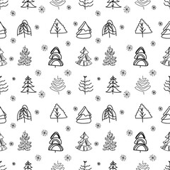 Hand-Drawn Black and White Christmas Trees. Seamless vector pattern with stylized trees and snowflakes on white background. Hand drawn doodle style. Stock vector for web, print, textile and wallpaper.