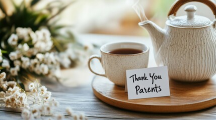 Fototapeta premium gratitude tea ceremony, tea set with two cups, teapot on wooden table, amid flowers and thank you parents card, bathed in warm light, creating a heartwarming scene