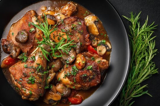 Delicious chicken stew featuring braised thigh and drumstick with wine herbs and vegetables presented on a black plate authentic French Coq Au Vin aerial close up