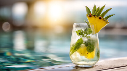 Close up of a refreshing tropical cocktail by the pool with space for text