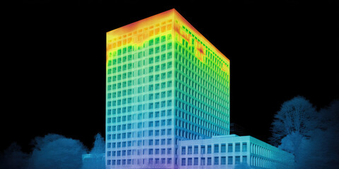 A tall building displays a thermal image with varying colors indicating temperature differences. Thermal imagery of architecture