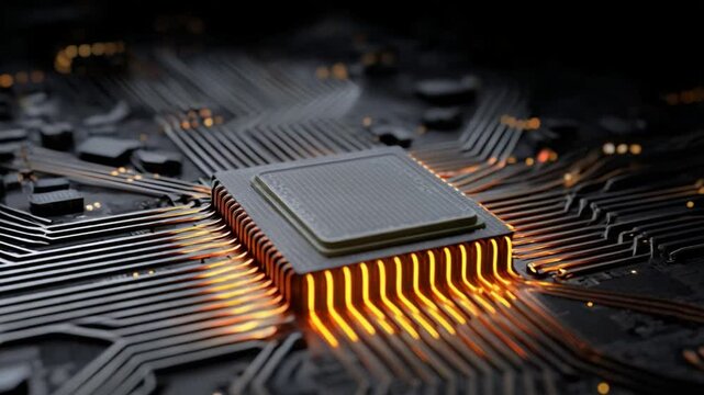 Advanced CPU: Illuminated circuitry within a high-tech central processing unit, showcasing the intricate pathways and powerful core of modern technology.
