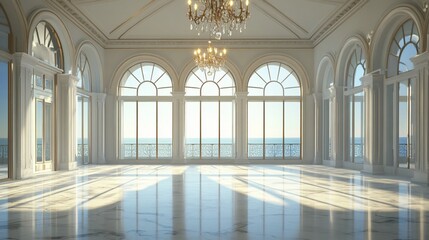 Obraz premium Spacious, elegant interior with ocean view.