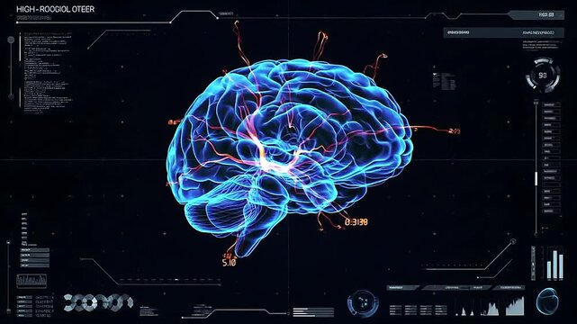 Futuristic animation of a human brain in blue with rotating 3D motion, medical interface data overlays, dark tech background