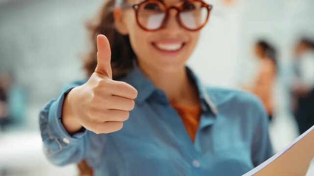Thumbs Up: A confident businesswoman, exuding positivity, smiles warmly while flashing a 'thumbs up' gesture, suggesting approval and success. The image encapsulates optimism and achievement.