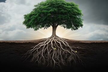 Majestic tree with extensive roots, sunlight shining through canopy, strong roots grounded in earth