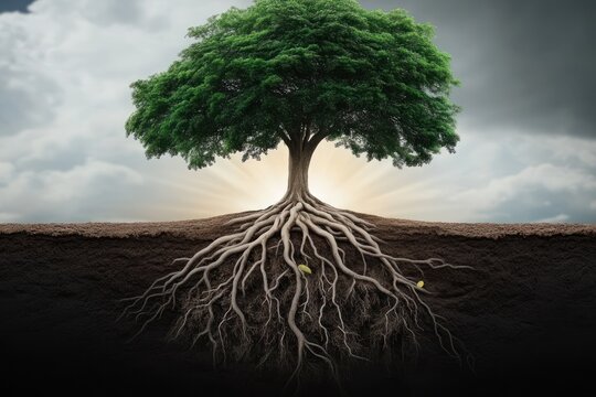 Majestic tree with extensive roots, sunlight shining through canopy, strong roots grounded in earth