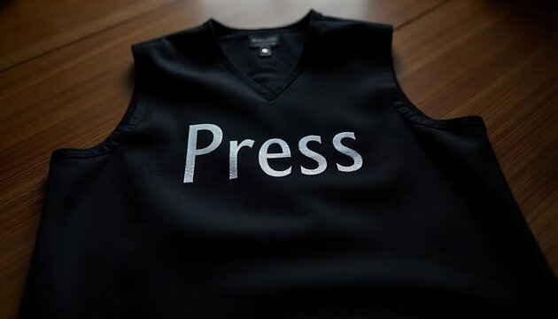Press written on black Vest on Wooden Table (1).jpg, Press written on black Vest on Wooden Table pres s freedom day created with generative ai